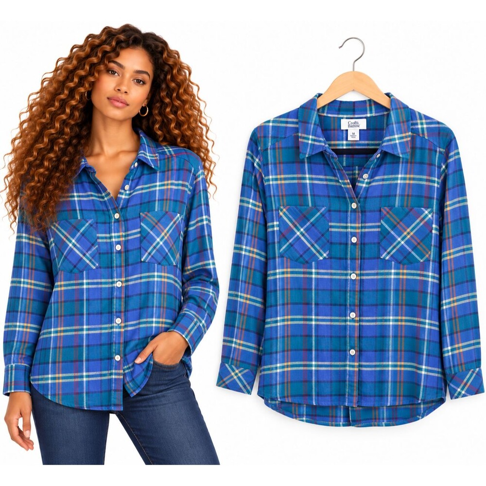 New Croft & Barrow Blue Green Plaid Flannel Shirt Size Medium Button Front
